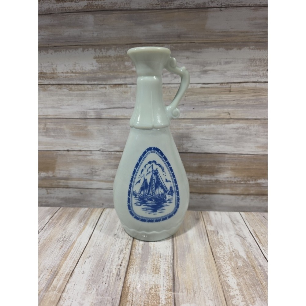 Vintage White Ceramic Pitcher Vase Blue Nautical‎ Sailboat Scene Handle Raised